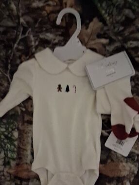 Cream Holiday Bodysuit with Festive Embroidery with socks